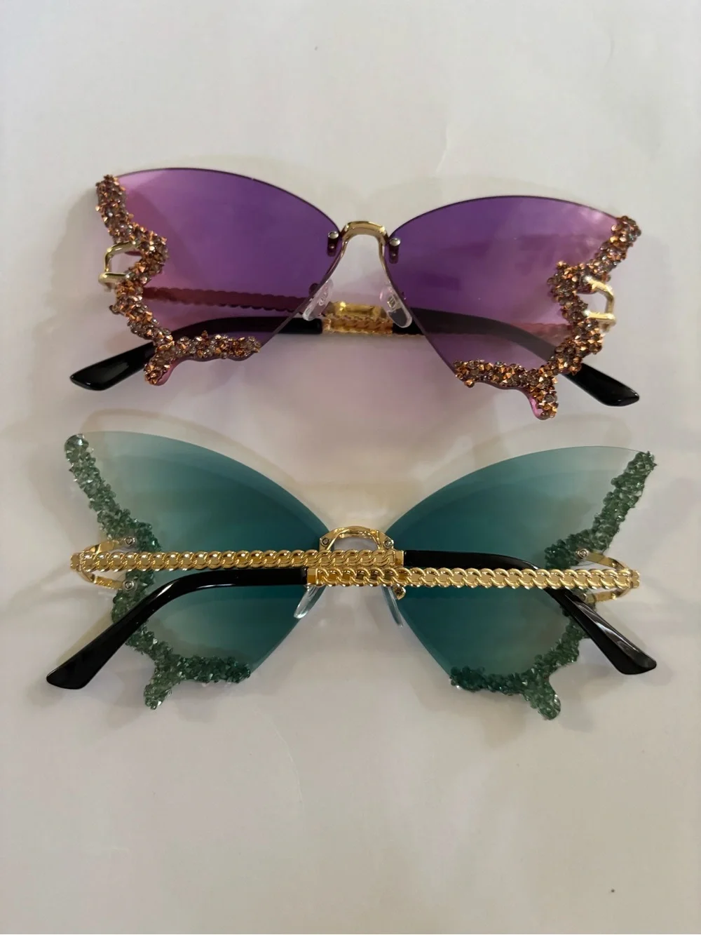 Rhinestone Butterfly Sunglasses in Purple and Teal — Glam Statement Shades
